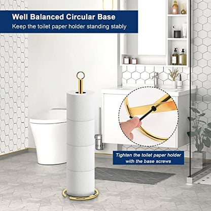 NearMoon Bath Toilet Paper Holder Stand, Freestanding Tissue Paper Storage with Reserve, Space Toilet 4 Rolls Holder for Bathroom/Kitchen Countertop-All Metal (1 Pack, Chrome Gold)
