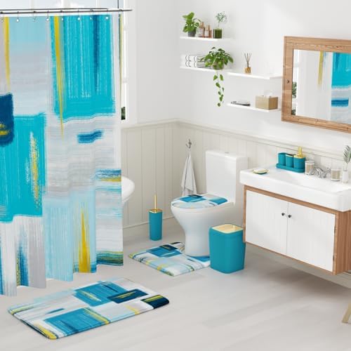 XLHOMO Bathroom Accessories Set - 25PC Bathroom Set with Shower Curtain and Rugs, Teal Blue Bathroom Set, Bathroom Accessory Set with Press-on Lid Trash Can, Soap Dispenser and Qtip Holders