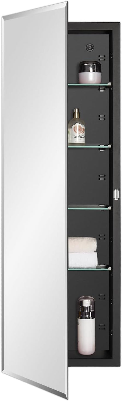 IDYLLOR Black Bathroom Medicine Cabinet with Beveled Edge Mirrored Door 12 x 36 inch, Recessed or Surface Mount, with Adjustable Glass Shelves