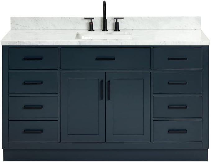 ARIEL Hepburn 60-inch Bathroom Vanity with Sink,Solid Wood, 1.5-inch Italian Carrara Marble Countertop, Single Rectangular Porcelain Sink, 2 Soft Closing Doors, 9 Dovetail Drawers, Midnight Blue