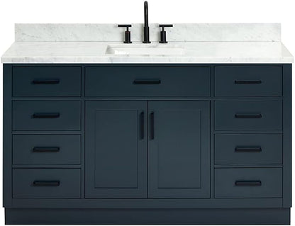 ARIEL Hepburn 60-inch Bathroom Vanity with Sink,Solid Wood, 1.5-inch Italian Carrara Marble Countertop, Single Rectangular Porcelain Sink, 2 Soft Closing Doors, 9 Dovetail Drawers, Midnight Blue