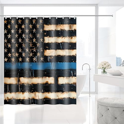 Thin Blue Line American Pride Flag Shower Curtain with Hooks 72 x 72 Inches