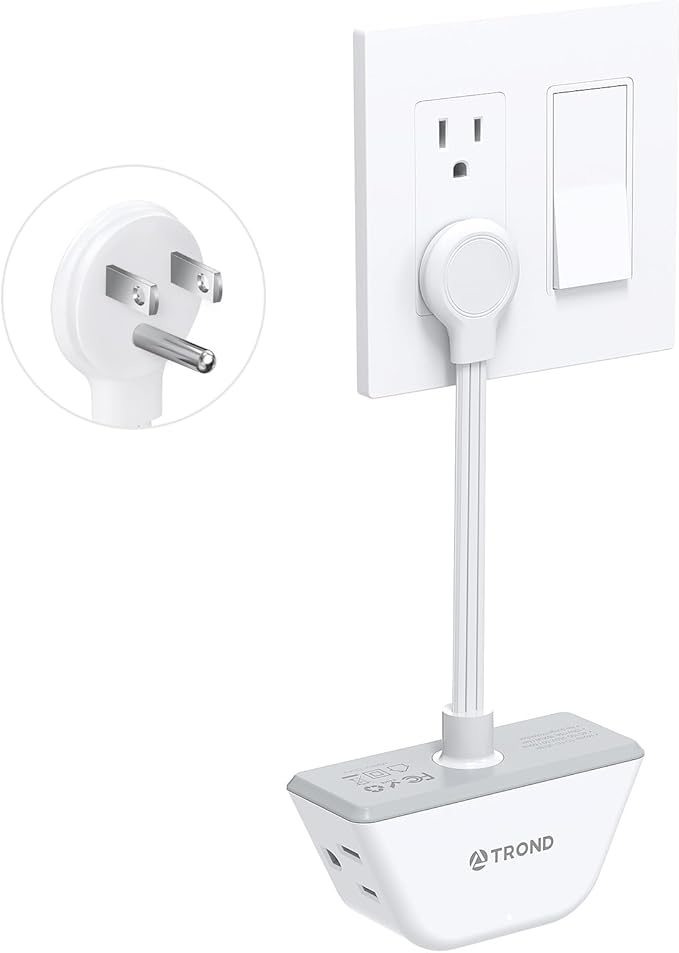 TROND Flat Outlet Extender with 6 Inch Cord for Tight Spaces | 3 Way Angled Plug Extension Outlet Adapter, Cruise Ship Essentials, Small Multiple Plug Splitter for Home Office, White