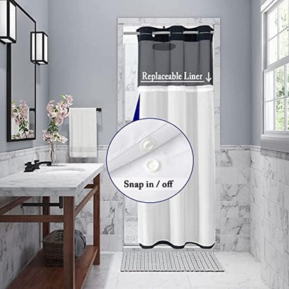 Gibelle No Hook Cloth Navy Shower Curtain with Liner, 36x74