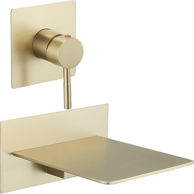 BWE Brushed Gold Wall Mount Tub Faucet with Waterfall Tub Spout Wall Mounted Bathtub Faucet Modern Single Handle Tub Filler Shower Faucet Set