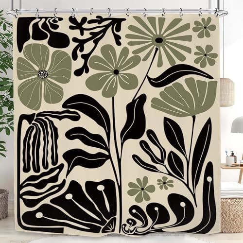 Abstract Black Sage Green Matisse Flower Shower Curtain 60Wx72L Inch Retro Vintage Aesthetic Minimalist Groovy Art 70s Trendy Modern Bathroom Set Accessories Decor with 12 Pack Hooks