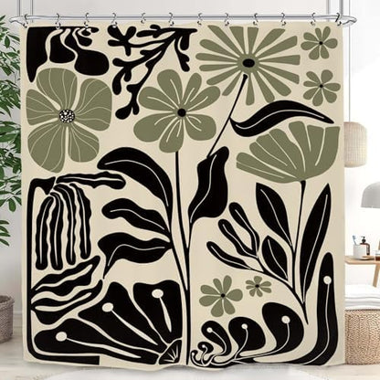 Abstract Black Sage Green Matisse Flower Shower Curtain 60Wx72L Inch Retro Vintage Aesthetic Minimalist Groovy Art 70s Trendy Modern Bathroom Set Accessories Decor with 12 Pack Hooks