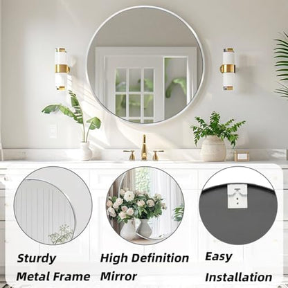 Silver Circle Mirror 26 inch, Round Mirror, Brushed Nickel, Chrome