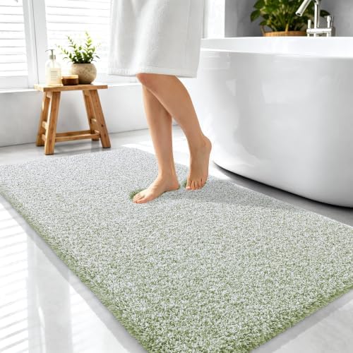 OLANLY Microfiber Bathroom Rugs 44x24, Quick Dry Mat, Sage Green and White