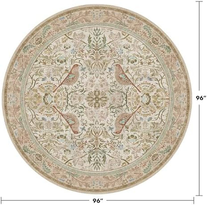 Vintage Beige 8ft Round Rug for Dining Room Under Kitchen Table - Large Floral Circle Area Rug for Bedroom, Living Room, Washable Low Pile Non Slip, Ultra Soft Beige Taupe Botanical & Bird Pattern