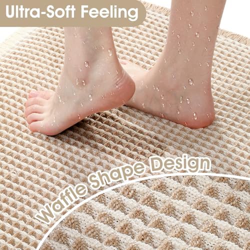 Upgrade Waffle Bath Mat, Boho Bathroom Rugs Absorbent Non Slip, Ultra Soft Bathroom Mat, Machine Washable Knit Bath Rugs with Stripe for Bathroom, Bedroom, Kitchen, Shower,Tub, 24"x17", Beige & White