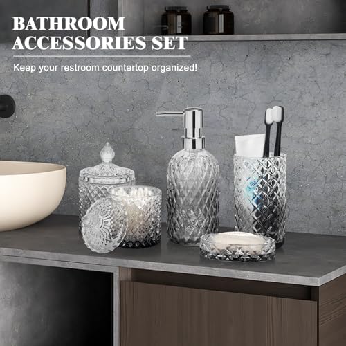 Bathroom Accessories Set, 5Pcs Bathroom Soap Dispenser Set, Glass Bathroom Accessories with Glass Soap Dispenser, Soap Dish, Toothbrush Holder, Tumbler, Qtip Holder