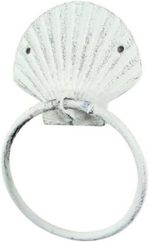 Rustic Whitewashed Cast Iron Seashell Towel Holder 8.5 Inch - Seashell Decoration - Sea Home Decor