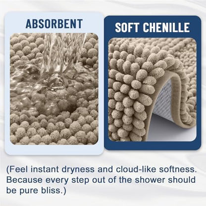 Grandaily Chenille Striped Bathroom Rugs 24x16, Extra Thick and Soft Absorbent Bath Mats, Rubber Backing, Plush Shaggy Shower Carpet, Machine Wash Dry, Bath Rug for Bathroom, Warm Taupe