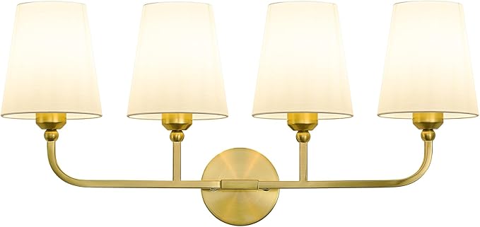Bathroom Vanity Light, Brushed Gold Bathroom Lighting Fixtures Over Mirror | 4-Light Bathroom Light Fixtures with Flared White Fabric Shade, E26 Socket (ETL Listed)