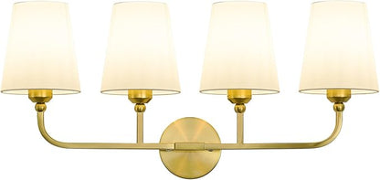 Bathroom Vanity Light, Brushed Gold Bathroom Lighting Fixtures Over Mirror | 4-Light Bathroom Light Fixtures with Flared White Fabric Shade, E26 Socket (ETL Listed)