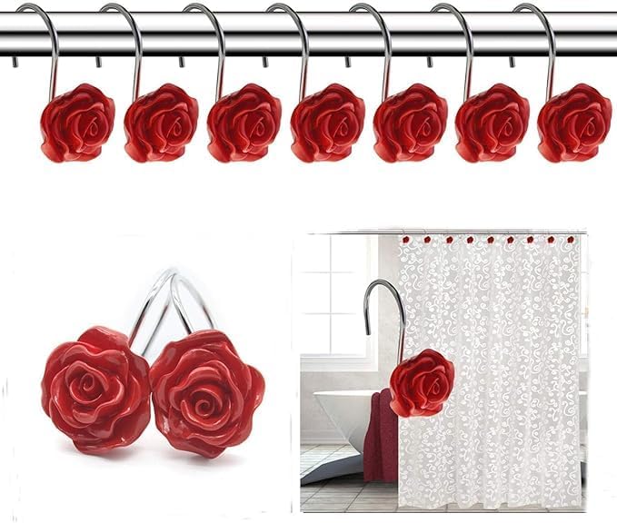 12 PCS Rose Shower Curtain Hooks Anti Rust Decorative Shower Curtain Rings