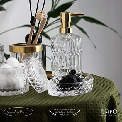 EMPO 6PCS Bathroom Clear Glass Accessories Set (Lotion Soap Dispenser, Soap Dish, Toothbrush Holder, Tumbler, Cotton Swab Jar), Contemporary Modern Decor Crystal Vintage Gift (6pcs Clear)
