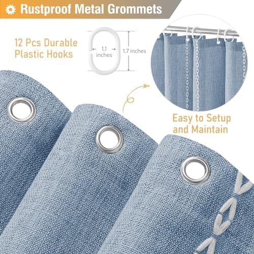 BTTN Blue Boho Farmhouse Linen Heavy Duty Cloth Shower Curtain Set, 72x72
