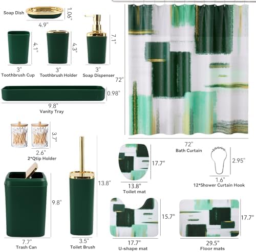 XLHOMO Bathroom Set - Dark Green and Gold Bathroom Accessories Set, Bathroom Sets with Shower Curtain and Rugs, Green Shower Curtain Set with Bathroom Trash Can, Soap Dispenser, Soap Dish for Home