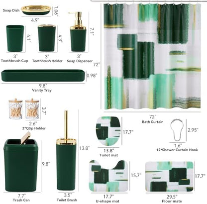 XLHOMO Bathroom Set - Dark Green and Gold Bathroom Accessories Set, Bathroom Sets with Shower Curtain and Rugs, Green Shower Curtain Set with Bathroom Trash Can, Soap Dispenser, Soap Dish for Home