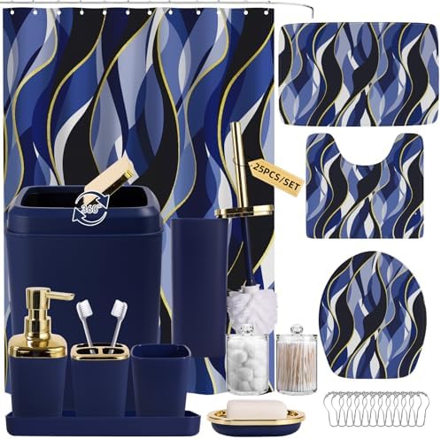 XLHOMO Bathroom Set - Blue and Gold Bathroom Accessories, Bathroom Sets with Shower Curtain and Rugs, Navy Blue Shower Curtain Set with Bathroom Trash Can, Soap Dispenser, Soap Dish for Home Decor