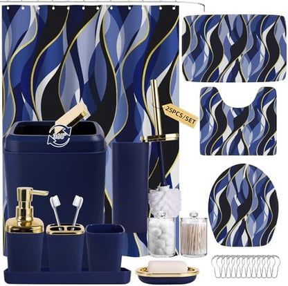 XLHOMO Bathroom Set - Blue and Gold Bathroom Accessories, Bathroom Sets with Shower Curtain and Rugs, Navy Blue Shower Curtain Set with Bathroom Trash Can, Soap Dispenser, Soap Dish for Home Decor