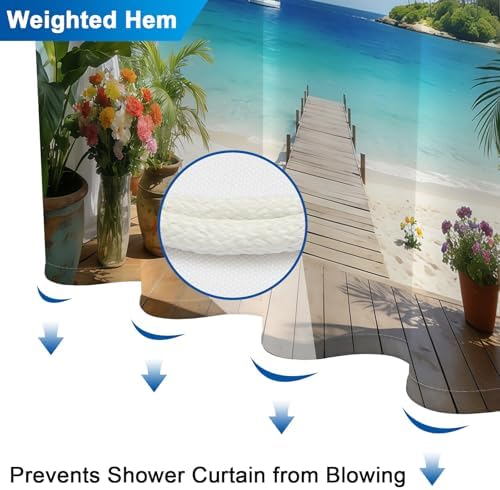 Summer Seaside Shower Curtain Set with Hooks, Tropical Ocean Scenery Weighted-Bottom Fabric Shower Curtains for Bathroom, Waterproof Machine Washable Coastal Shower Curtain, 72x72 Inch