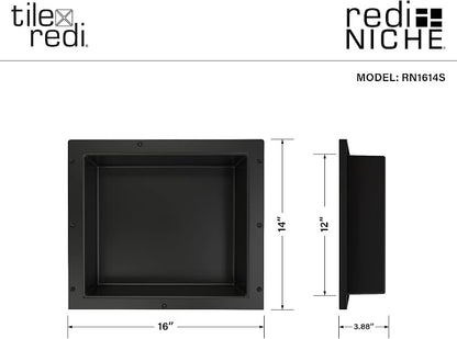 Tile Redi USA Niche Single Recessed Shower Shelf – Black, One Inner Shelf, 16-Inch Width x 14-Inch Height x 4-Inch Depth