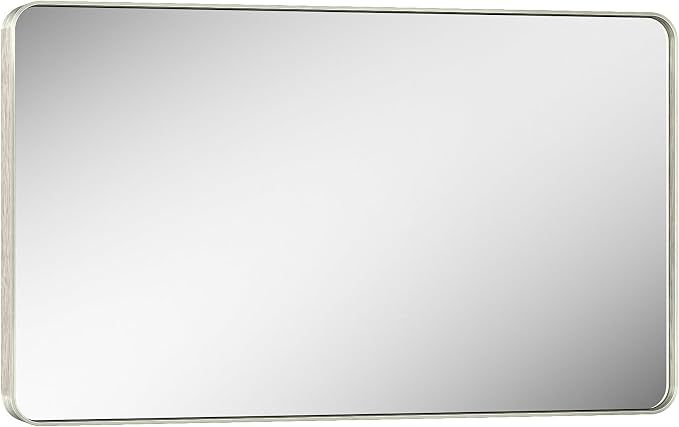 Keonjinn 40 x 24 Inch Brushed Nickel Bathroom Mirrors for Over Sink | HD Tempered Glass, Silver Vanity Mirror, Rust-Resistant Aluminum Frame, Rounded Rectangle, French Cleat Mount, Home Décor