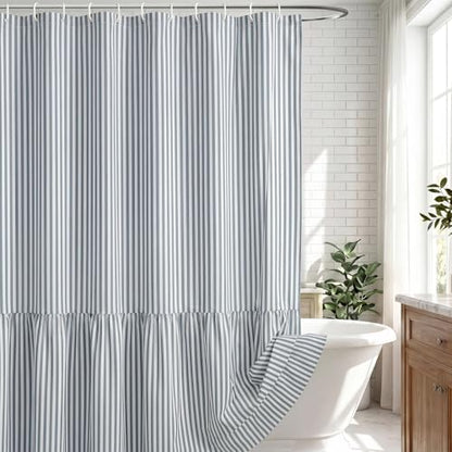 HunnmingRe Dust Blue Farmhouse Striped Shower Curtain Ruffle Hem 72x72''