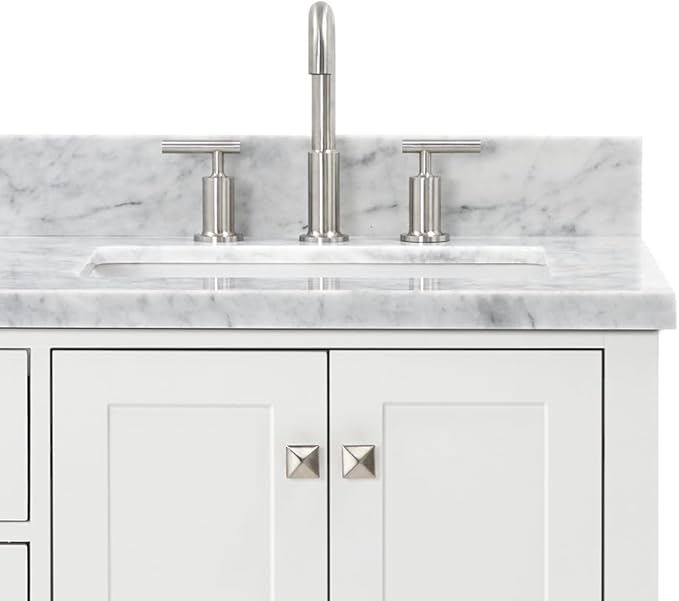 ARIEL Cambridge 66-inch Bathroom Vanity with Sink,Solid Wood, 1.5-inch Italian Carrara Marble Countertop, Double Rectangular Porcelain Sink, 4 Soft Closing Doors, 6 Dovetail Drawers, White