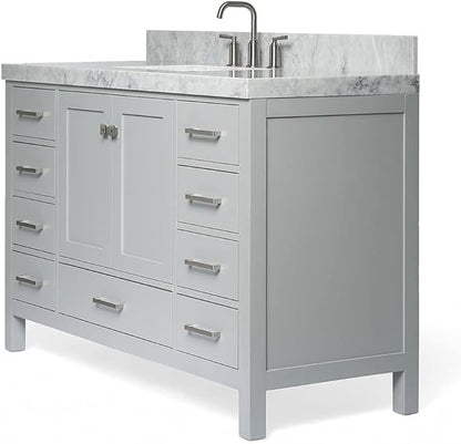 ARIEL Cambridge 54-inch Bathroom Vanity with Sink,Solid Wood, 1.5-inch Italian Carrara Marble Countertop, Single Rectangular Porcelain Sink, 2 Soft Closing Doors, 9 Dovetail Drawers, Grey