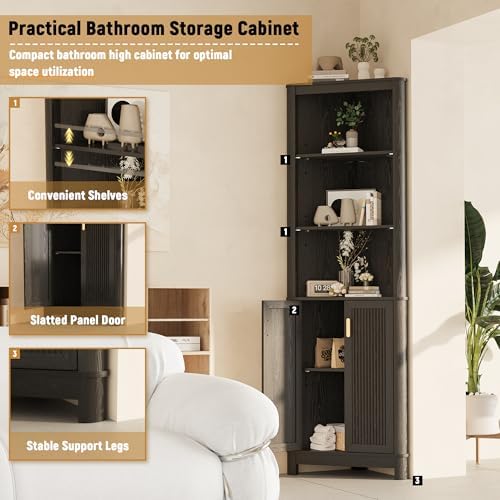 INNOD 69" Tall Corner Shelf with Doors, 6-Tier Corner Storage Cabinet with Doors, Space Saver Shelf for Bathroom, Bathroom Floor Cabinet for Living Room Kitchen, Hallway