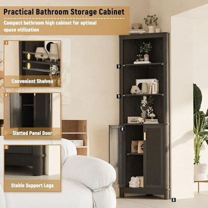 INNOD 69" Tall Corner Shelf with Doors, 6-Tier Corner Storage Cabinet with Doors, Space Saver Shelf for Bathroom, Bathroom Floor Cabinet for Living Room Kitchen, Hallway