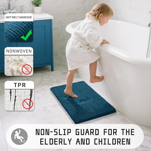 Yimobra Washable Bathroom Rugs, Super Soft & Absorbent Chenille Bath Mat for Floor & Carpet, Quick Dry Non Slip Bath Mat for Tub Shower, 32"x20",Peacock Blue