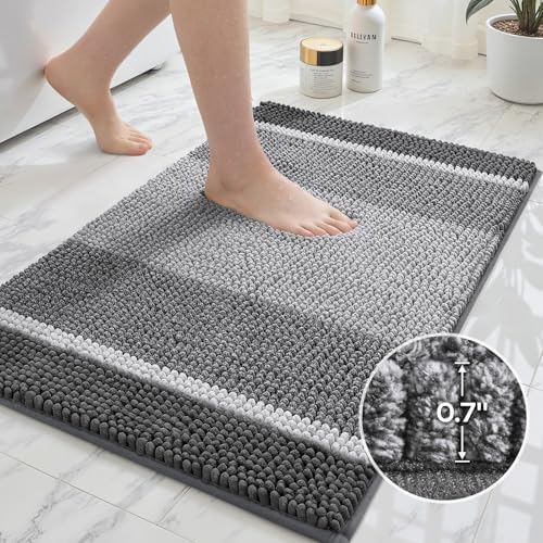 HOMEIDEAS Grey Bathroom Rugs Set of 2, Striped Chenille, 20"x32"+17"x24"