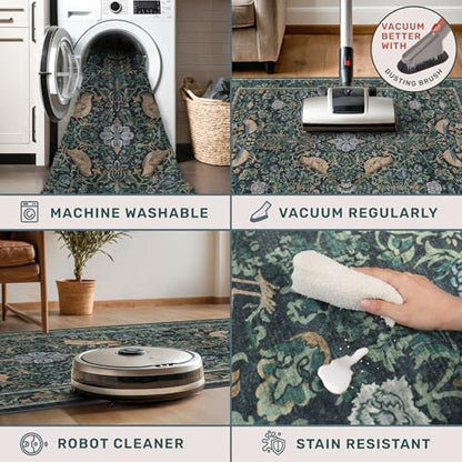 Vintage Large Entryway Rugs Indoor, 3x5 Washable Blue and Green Floral Rugs for Kitchen Floor, Bedroom Beside Bed, Non-Slip & Low Pile Stain Resistant Laundry Carpet with Plant & Bird Pattern