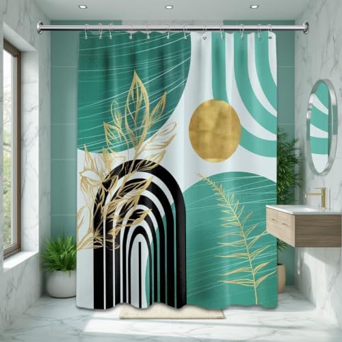 Teal and Gold Extra Long Shower Curtain, Tall 72X96 in, Mid Century