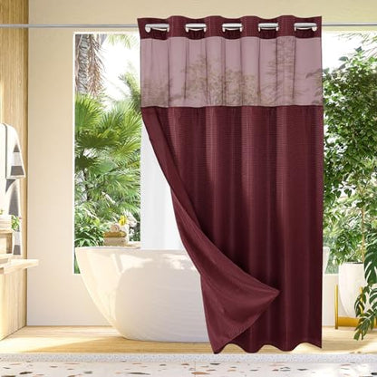 Gibelle No Hook Cloth Burgundy Shower Curtain with Liner, 72x80