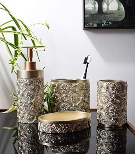 Hymmah Bathroom Accessories Set,Golden Design Toothbrush Holder,Farmhouse Bathroom Decor,4 Pcs Resin Gift Set Apartment Necessities, Contain Toothbrush Cup,Soap Dispenser,Soap Dish,Tumbler