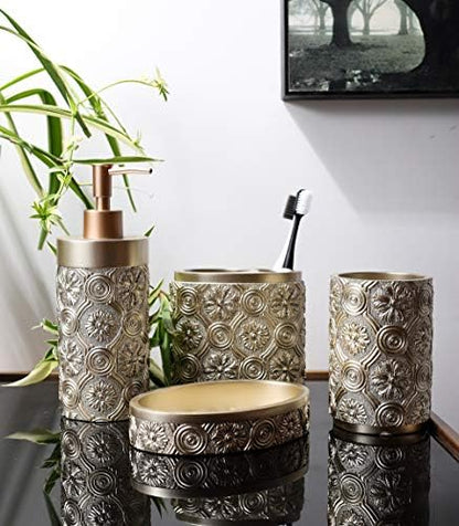 Hymmah Bathroom Accessories Set,Golden Design Toothbrush Holder,Farmhouse Bathroom Decor,4 Pcs Resin Gift Set Apartment Necessities, Contain Toothbrush Cup,Soap Dispenser,Soap Dish,Tumbler