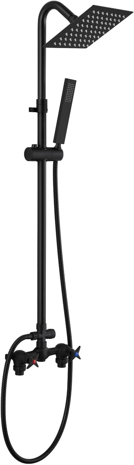 Wall Mounted Outdoor Shower Kit,Outdoor Shower Faucet,Matte Black | 6-Inch Square Rainfall Shower Head with Handheld Spray, Adjustable Slide Bar & Dual Function Design for Flexible Outdoor Use