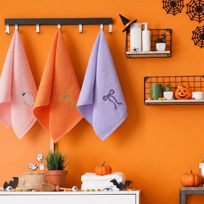 FuWeave 3 Pcs Purple Orange Halloween Ghost Hand Towels for Bathroom