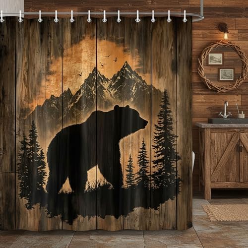 Rustic Cabin Shower Curtain for Bathroom, Forest Bear Wooden Bath Curtains, Wildlife Country Hunting Camping Waterproof Fabric Bathroom Curtain Accessories Set with Hooks,70X85IN