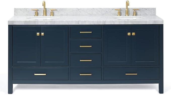 ARIEL Cambridge 72-inch Bathroom Vanity with Sink,Solid Wood, 2-inch Italian Carrara Marble Countertop, Double Oval Porcelain Sink, 4 Soft Closing Doors, 6 Dovetail Drawers, Midnight Blue