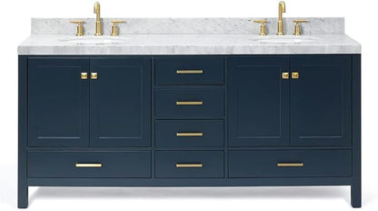 ARIEL Cambridge 72-inch Bathroom Vanity with Sink,Solid Wood, 2-inch Italian Carrara Marble Countertop, Double Oval Porcelain Sink, 4 Soft Closing Doors, 6 Dovetail Drawers, Midnight Blue