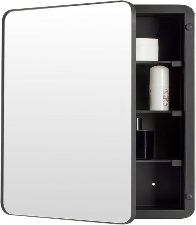 16’’x20’’ Medicine Cabinet,Metal Framed Medicine Cabinet Mirror with Round Corner,Recessed and Surface Mount Bathroom Mirror with Storage, Removeable Shelves,Dark Gray Frame