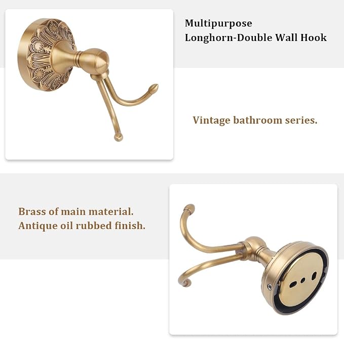Wall Mounted Antique Brass Towel Hook Bathroom Hook for Clothing & Robe Hanger, Screws Install Shower, Vintage Gold Brass Petal-Relief Series Longhorn Double Hook