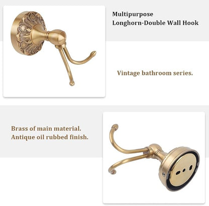 Wall Mounted Antique Brass Towel Hook Bathroom Hook for Clothing & Robe Hanger, Screws Install Shower, Vintage Gold Brass Petal-Relief Series Longhorn Double Hook